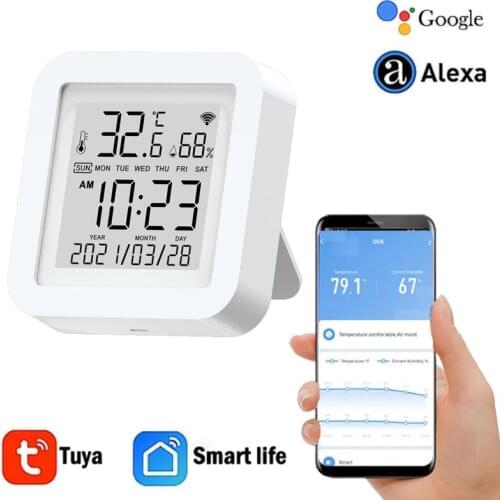 Tuya WIFI Smart Temperature Humidity Sensor Digital Thermometer Hygrometer Time Date LCD Screen Detector Smart Home Desk Clock