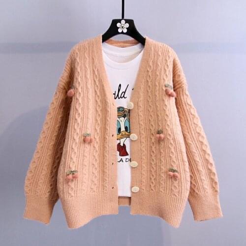 Cherry Decorated White Ladys Cardigan Sweater, Yellow V-neck Button Ladys Sweater, Korean Version of The New Warm Sweater