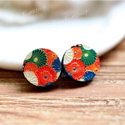 Unique 3D Flower Embossed 16mm Round Coloured Drawing pattern Laser Cut wood Cabochon DIY for Rings, Earring,Brooch,Necklace