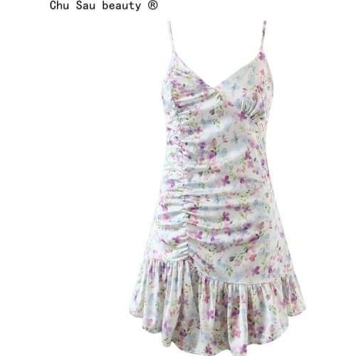 Vintage V-neck Floral Print Strap Dress 2021 Summer New Fashion Slim Thin Ruffled Mini Dress Women