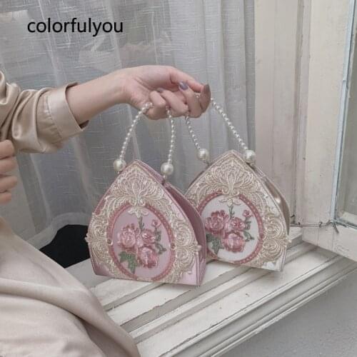 Retro Bag Women Lace Embroidered Handbag Female Pearl Wedding Party Bridal Tote Bag Small Handmade Flower Women Chain Bags 2021