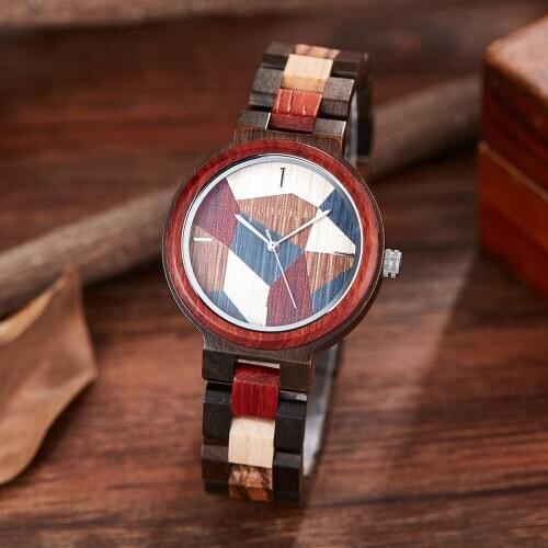 Colorful Wood Watch Women Quartz Red Wooden Band Multicolor Dial Wristwatch Reloj de Mujer with Box
