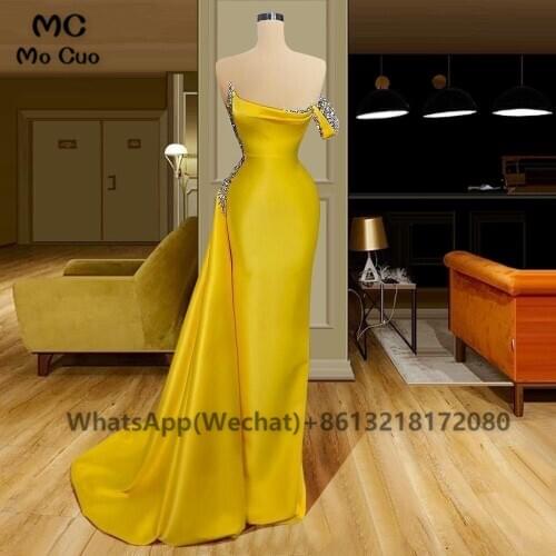 2021 Mermaid Yellow Evening Prom Dresses Long Beaded Train Scoop Satin Robe De Soiree Evening Party Prom Dress