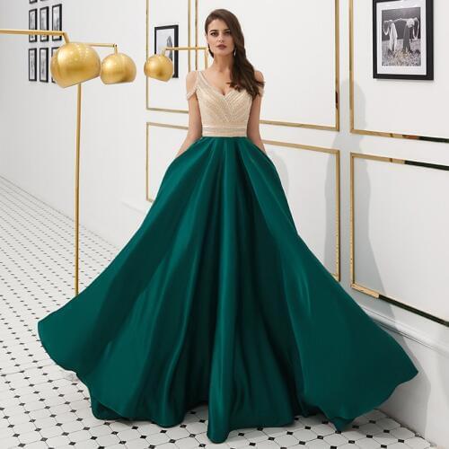 2019 Luxury Backless Crystal Beaded Prom Dress V Neckline Dark Blue A Line Floor Length Long Women Party Dresses