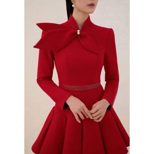 Tailor shop light red wool dress Retro Slim female light luxury dress Semi-Formal Dresses