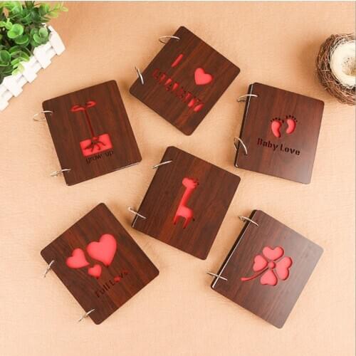 5 Inch DIY Red Wood Hollow Interleaf Photo Album Children Gift Loose-Leaf Scrapbook Walnut Color Mini Memory Book Picture Storag