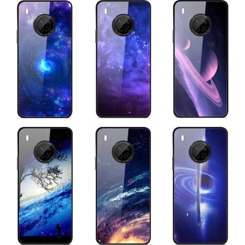 Case Huawei Y9A Phone Case Back Cover Black Silicone Bumper With Tempered Glass Star Sky Pattern