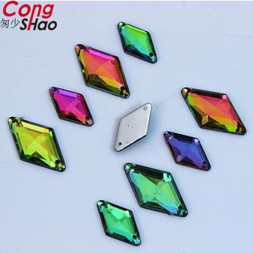Cong Shao 100pcs Rainbow color rhombus stones and crystals flatback Acrylic Rhinestone trim sewing 2 Hole costume Button CS368