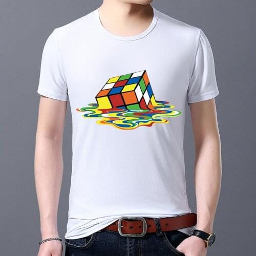 Mens T-shirt Classic White Fashion Casual Slim Simple 3D Rubiks Cube Pattern Printing Series Round Neck Youth Commuter Top