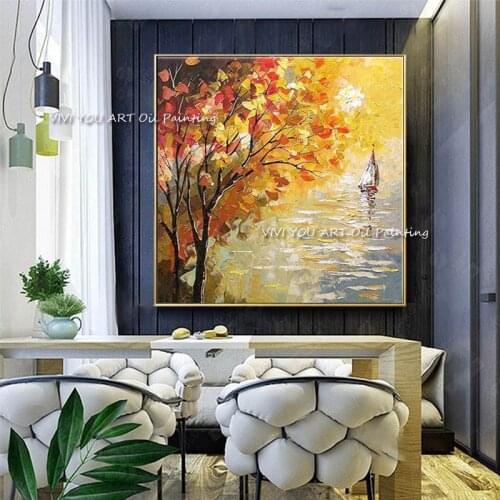 Abstract Yellow Tree Oil Painting on Canvas Scandinavian Posters Boat Handmade Modern Wall Art Picture for Living Room Home Deco