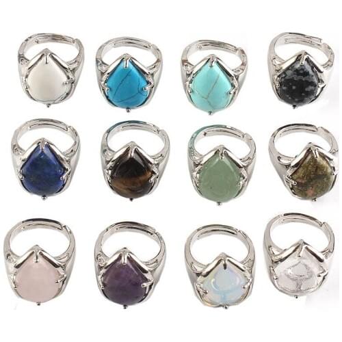 KFT Silver Plated Resizable Crystal Quartz Stone Ring Natural Lapis Lazuli Water Drop Stone Finger Ring For Women Party Jewelry