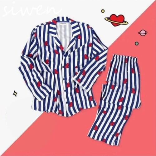 JULYS SONG 2PC Women Pajamas Set Female Homewear Suit Striped Cartoon Cute Kawaii Print Spring Summer Korean Sleepwear Suits