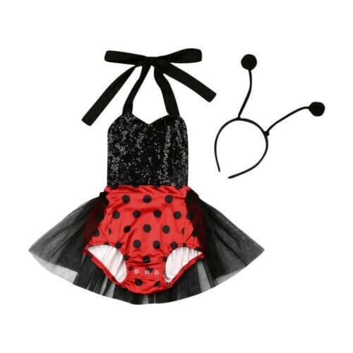 2019 Summer Toddler Kid Baby Girl Ladybug Sunsuit Tutu Sequin Bodysuit Lace Dress 3D Headband Outfits Clothes