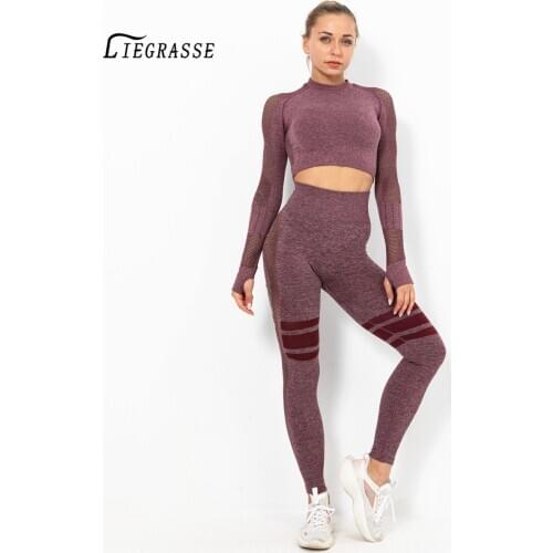 Liegrasse Sexy Sports Suits Seamless Yoga Set Fitness Sports Clothes High Waist Woman Gym Leggings Mesh Hollow Sports Bra Sets