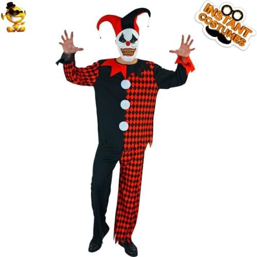 Halloween Party Men Cosplay Clown Costume Carnival Roleplay Scary Red Black Jumpsuit With Hat Evil Clown Suit for Adult Costumes