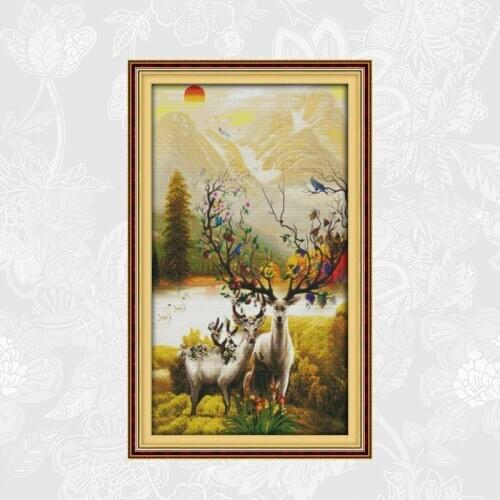 Joy sunday Cross stitch kits animal Aida Canvas A rich deer family Needlework Embroidery Set DIY Handmade Crafts