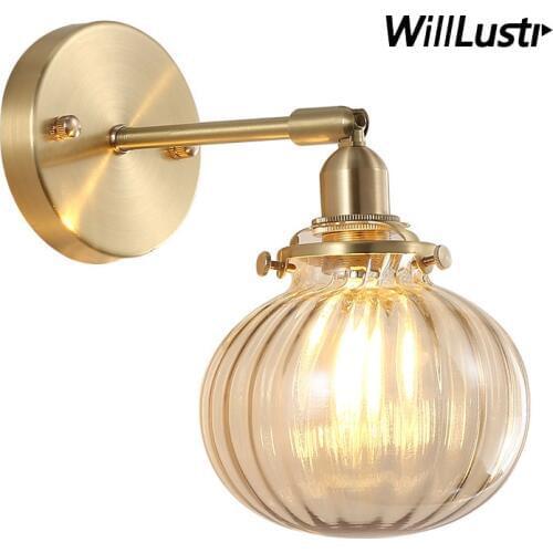Retro Brass Wall Lamp Green Clear Glass Pumpkin Sconce Hotel Cafe Porch Corridor Bedside Bathroom Japan Style Mirror Lighting
