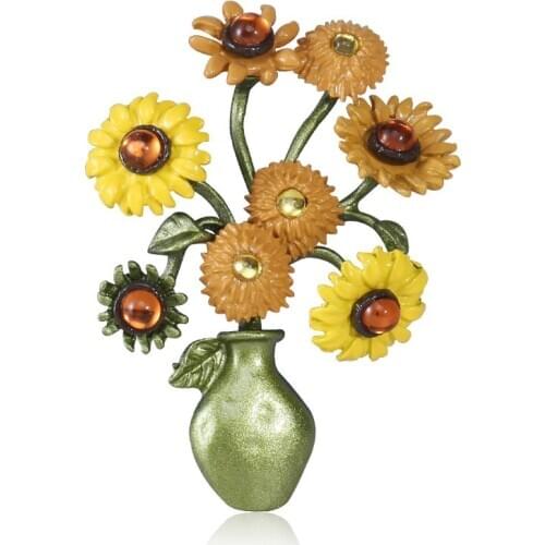 New Yellow Sunflower Vase Design Vintage Retro Brooch Pin Elegant Suit Cardigan Bag Clothes Badges Drop Shipping Wholesale