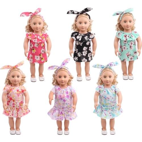 Doll clothes 6 colors printed dress + headband toy accessories fit 18 inch Girl doll and 43 cm baby dolls c521_c523