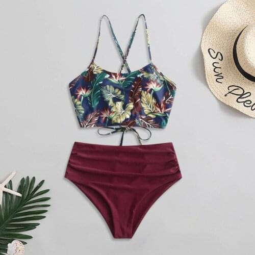 Sexy Women Bikini Set Retro Floral Print Padded Swimwear Bandage Bathing Suits Swimsuit Beachwear High Waist Swimsuit Biquinis