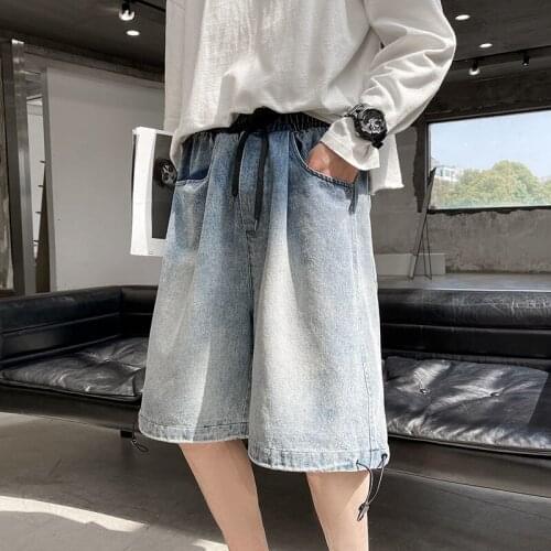 Wide Leg Jeans Mens Retro Drawstring Straight Shorts Loose Washed Oversize Overalls Trend Casual Five-point Pants Thin Plus Size
