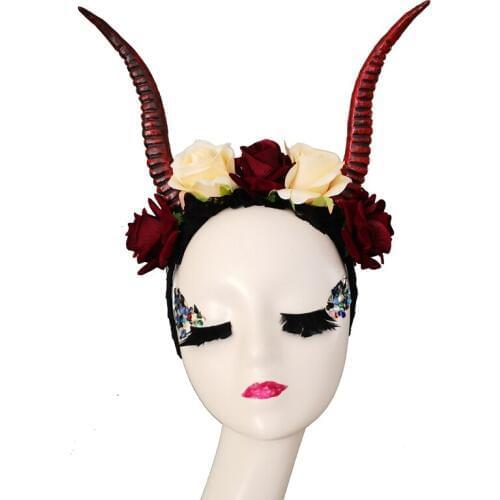 Steampunk Demon Evil Skull Antelope Rose Headband Cosplay Costumes Halloween Party Horn Headwear Prop Gothic Headdress