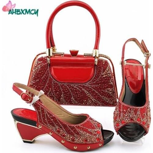 Red Color African Design 2021 New Arrival Fashion Ladies Shoes and Bag Set Decorated With Rhinestone for Christmas Party