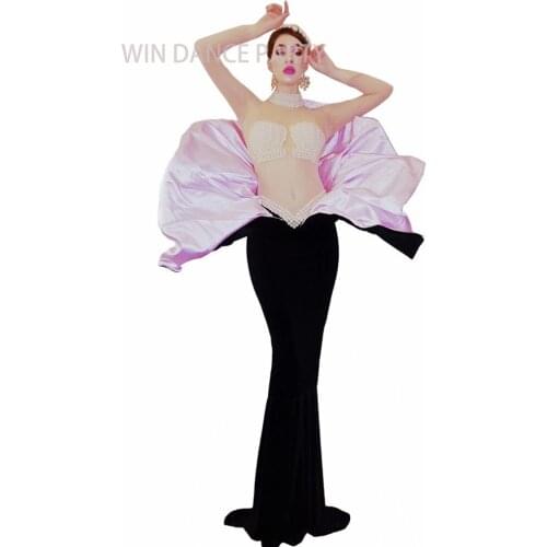 Party theme shell Mermaid evening long dress pink black see-through dance costume catwalk wears mesh skirt cosplay outfit