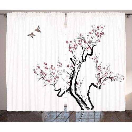 Japanese Window Curtains Classic Asian Painting Style Art of Flower Branches Blossom Flying Birds Pattern Living Room Bedroom