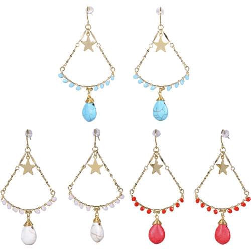 Womens long earrings electroplated genuine gold water drop crystal pearl stone hand woven Pentagram Star Earrings manufacturer