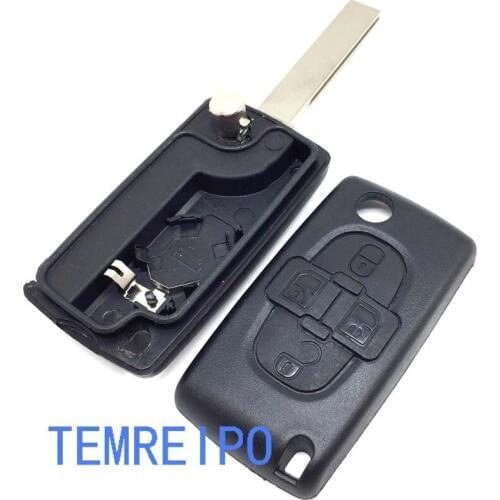 Replacement 4 Buttons flip Remote Key Case Shell with battery clamp for Peugeot HU83 blade CE0536