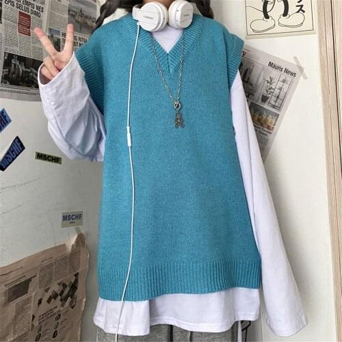 Oversize Korean Style High Street Streetwear Fashion Long Simple 2021 Sweater Coats Vest Women V-neck Knitted Solid Basic Jumper