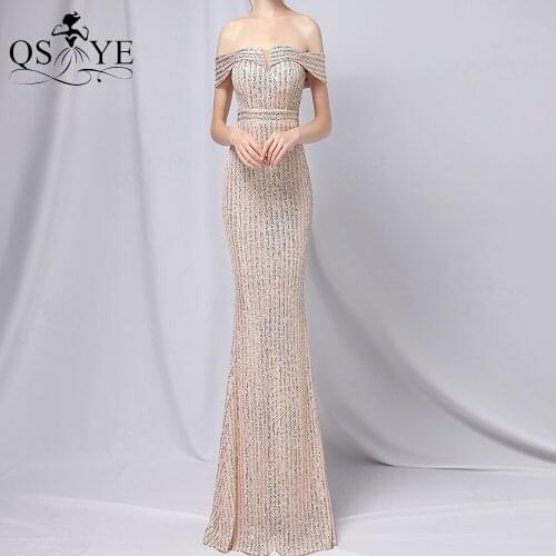 Off Shoulder Gold Prom Dress Long Twill Sequin Evening Gown Side Sleeves Formal Party Dress Triangle V Net Women Mermaid Gown