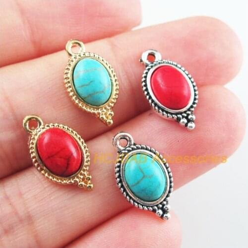 15Pcs Retro Gold Color Tibetan Silver Tone Oval Blue&Red Stone Charms Pendants 9x17mm