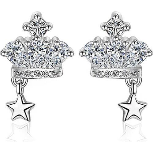 Shiny 3A CZ Crystal Zirconia Crown Stud Earrings Rose Gold Color Star Pendant Earrings Fashion Jewelry Gifts For Women