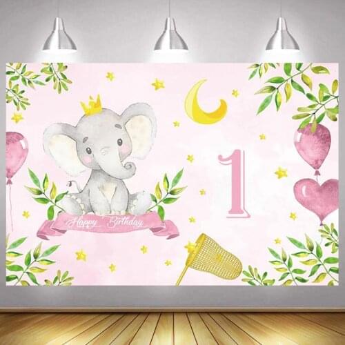 1st Photo Backdrop Girls Newborn Baby Happy Birthday Party Elephant Crown Decoration Princess Photography Backgrounds Banner
