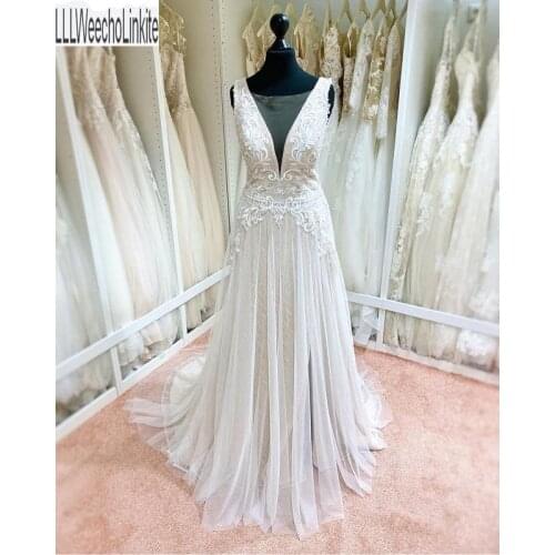Ivory Lace Champagne Satin V-Neck Sleeveless A-Line Wedding Dress Court Train Floor-Length Bridal Gowns Custom Made
