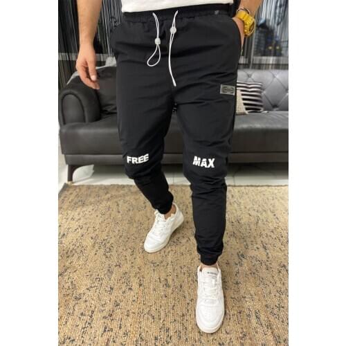 Mens Black Printed Elastic Stretch Nylon Jogger Trousers