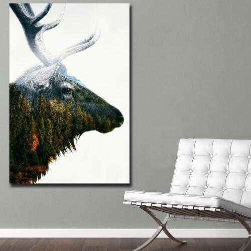 Large Size Wall Art Deer and Forest Study Bedroom Decor Wall Oil Painting Print Nice Wall Picture for Living Room No Framed