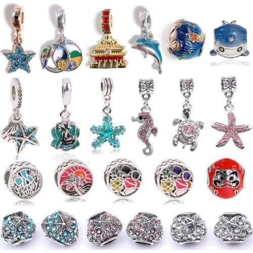 2pc 2020 Summer New Arrival Silver Plated Crystal Turtle Starfish Sea Horse Charms Beads fit Brand Bracelets DIY Women Jewelry