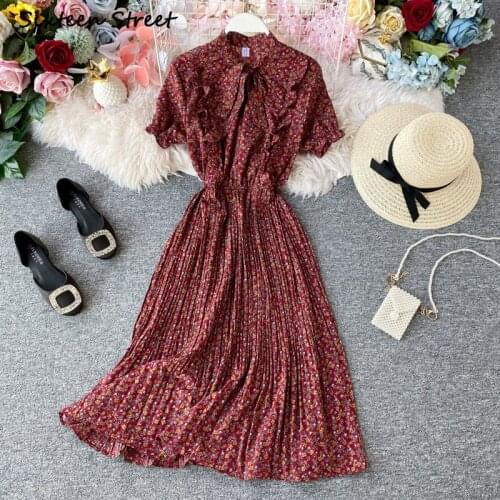 Dress for Women Korean Fashion Floral Short Sleeve Pleated Bow Dress Y2k Clothing Women Vestido De Mujer Vintage High Quality