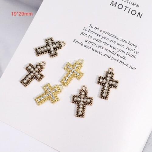 30PCS 19*29mm High Quality Gold/anti-silver color Alloy Crystal Pearl Cross Charm for Earring handmade Jewelry Making Wholesale