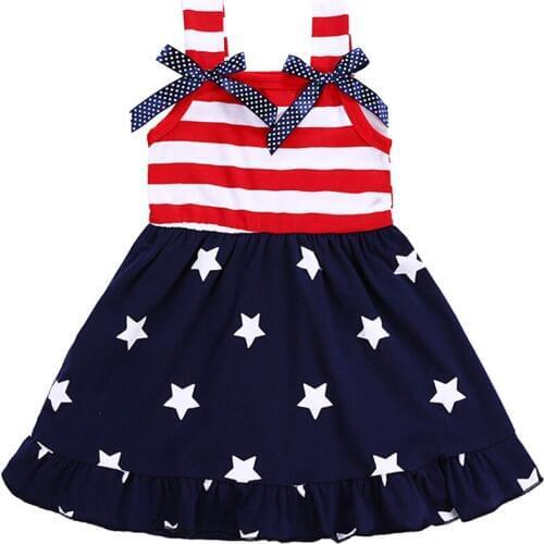 Drop Shipping Summer Kids Girls Dress Baby Star Print 4th Of July Bowknot Straps Princess Dresses for Children 1 to 6 Years