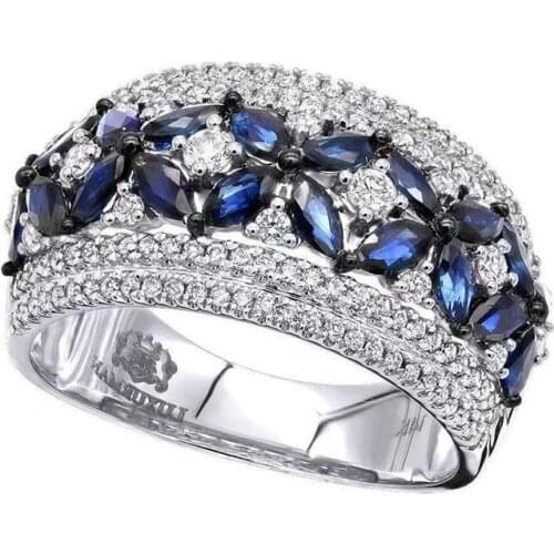 Luxury Female Blue White Crystal Ring Charm Silver Color Wedding Rings For Women Dainty Flower Zircon Big Engagement Ring