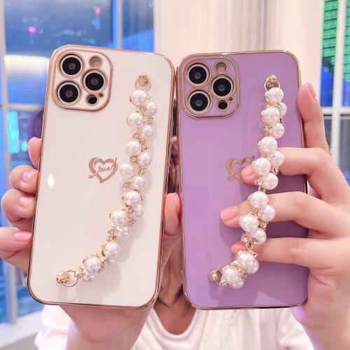Luxury Side Love Plating Pearl Chain Phone Case For iPhone 12 11 Pro Max 7 8 Plus X XR XS Max Mini Wrist Strap Back Cover Coque