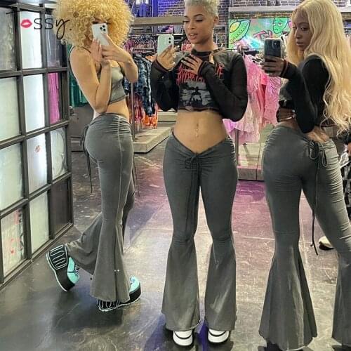 Tossy Casual Fold Drawstring Ruched Gray Flares For Women Low Waist Flared Pants Legging Streetwear Female Trousers 2021 New