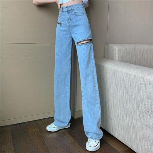 Ripped Zipper Plus Size 5XL High Waist Wide Leg Jeans Women Blue Loose Denim Straight Leg Pants Chic Streetwear Trousers Female