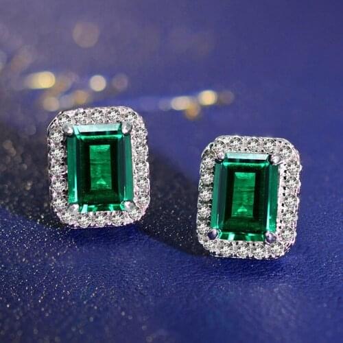 FFGems 100% silver earring Created Emerald with certificate green rectangle stone simple New 2020 for women girl Gift Wholesale