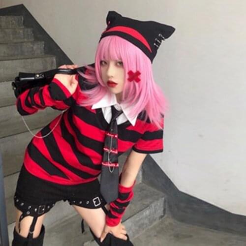 Harajuku Gothic Punk T-shirts Women Striped Tops Summer Female Girls T-shirt AFC1052