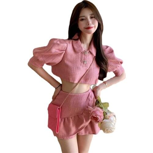 Fashion Summer Women 2 Piece Skirt Sets Sweet Pink Apricot Short Shirt Crop Top&Ruffled Hem Mini Mermaid Skirt 2pc Dress Outfits